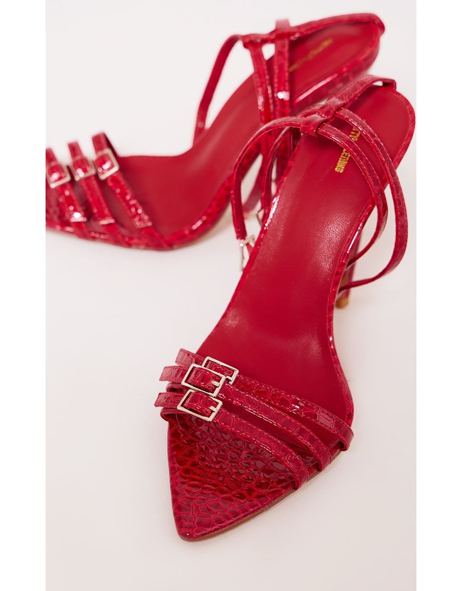 Cherry Red PU Croc Buckle Detail Heeled Sandals - 3
