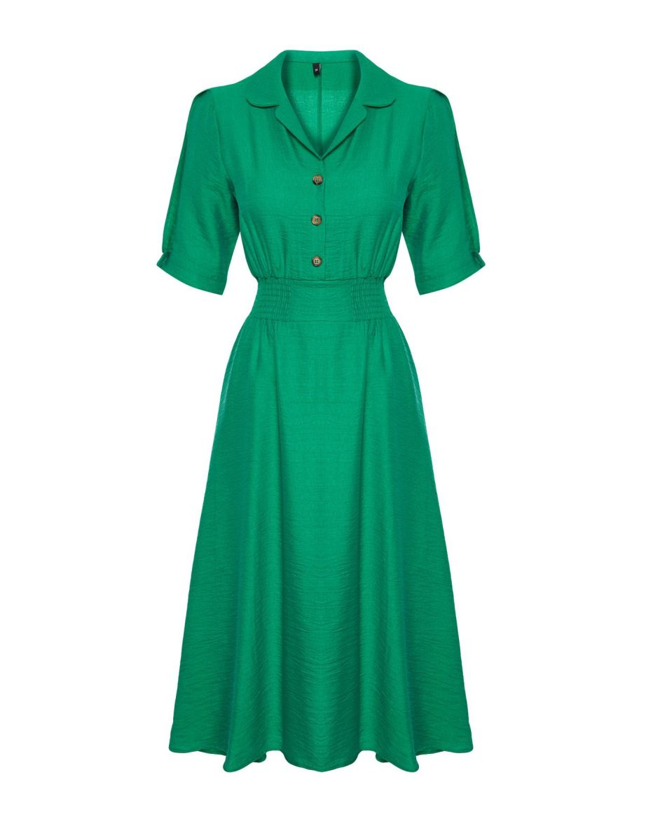 Green A-line Shirt Collar Guiped Woven Dress - 7