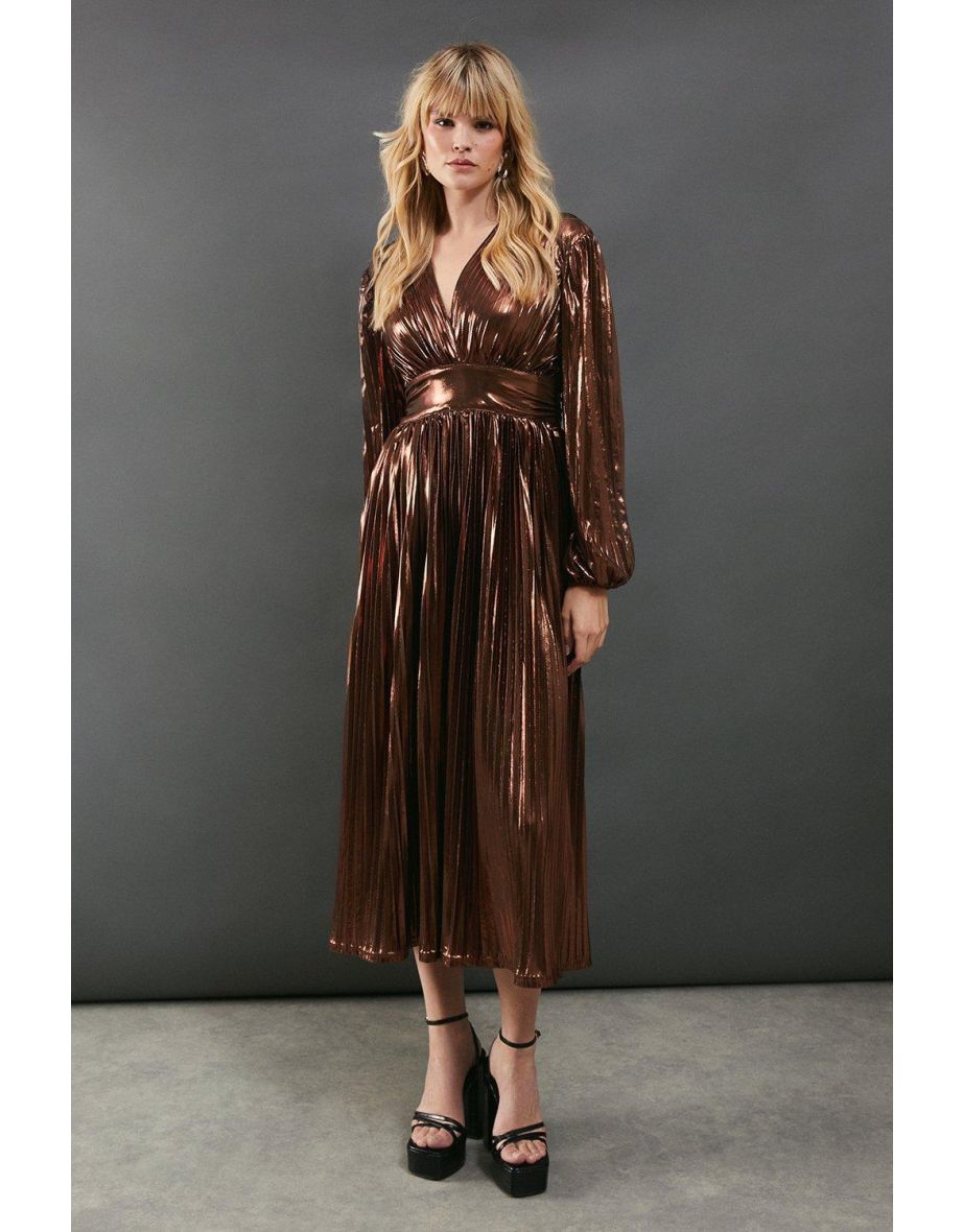 Lame Metallic Plunge Neck Pleated Midaxi Dress