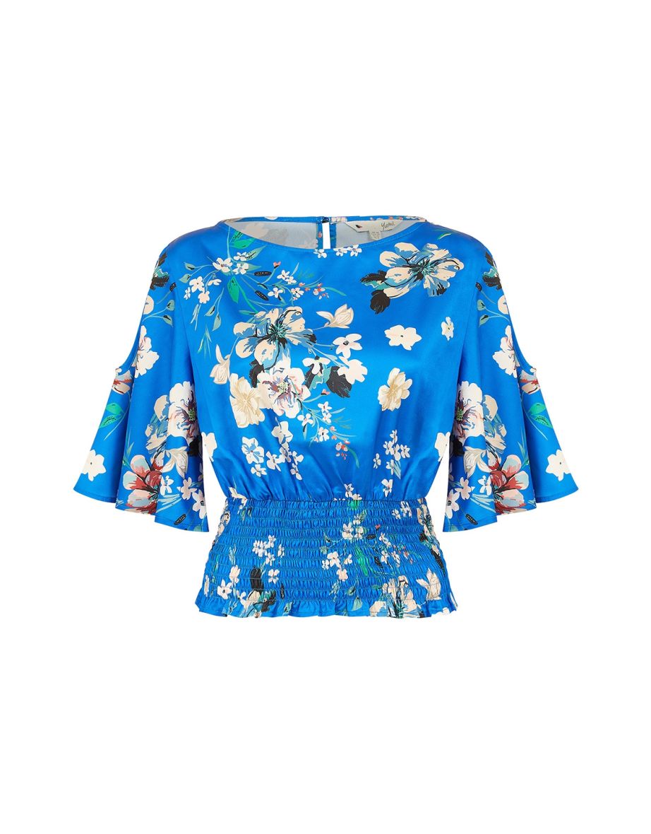 Yumi Blue Floral Satin Top With Angel Sleeves - 4