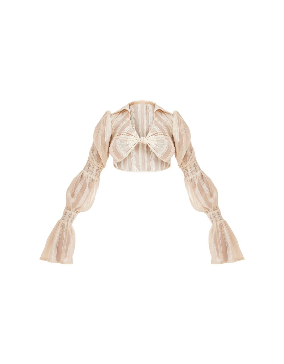 Cream Textured Woven Twist Front Crop Top - 2