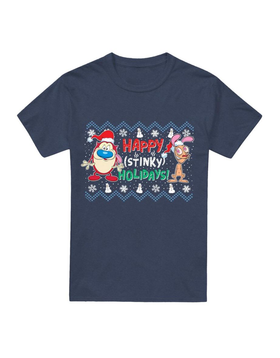 Ren & Stimpy Unisex Adult Happy Stinky Holidays Christmas Jumper T-Shirt - Navy