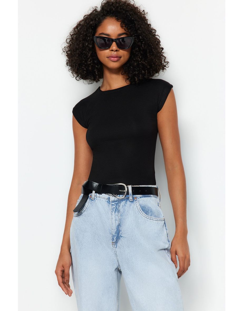 Black Premium Viscose Fitted Moon Sleeve Knitted Blouse