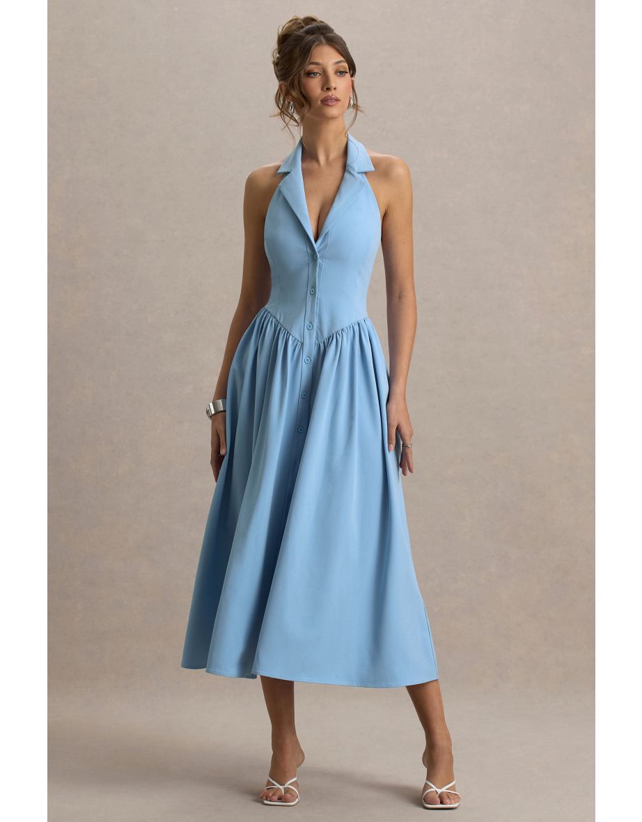 Samsara | Light Blue Plunge-Neck Collared Midi Dress