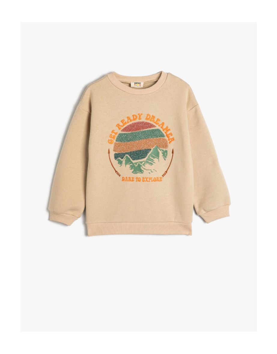 Sweat Long Sleeve Crew Neck Nature Themed Embroidered Rose Gold