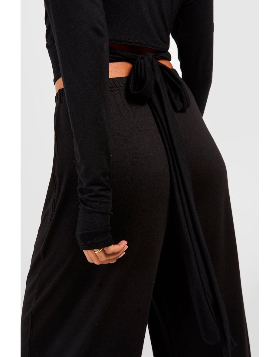 Long Sleeve Tie Front Yoga Top - black - 3