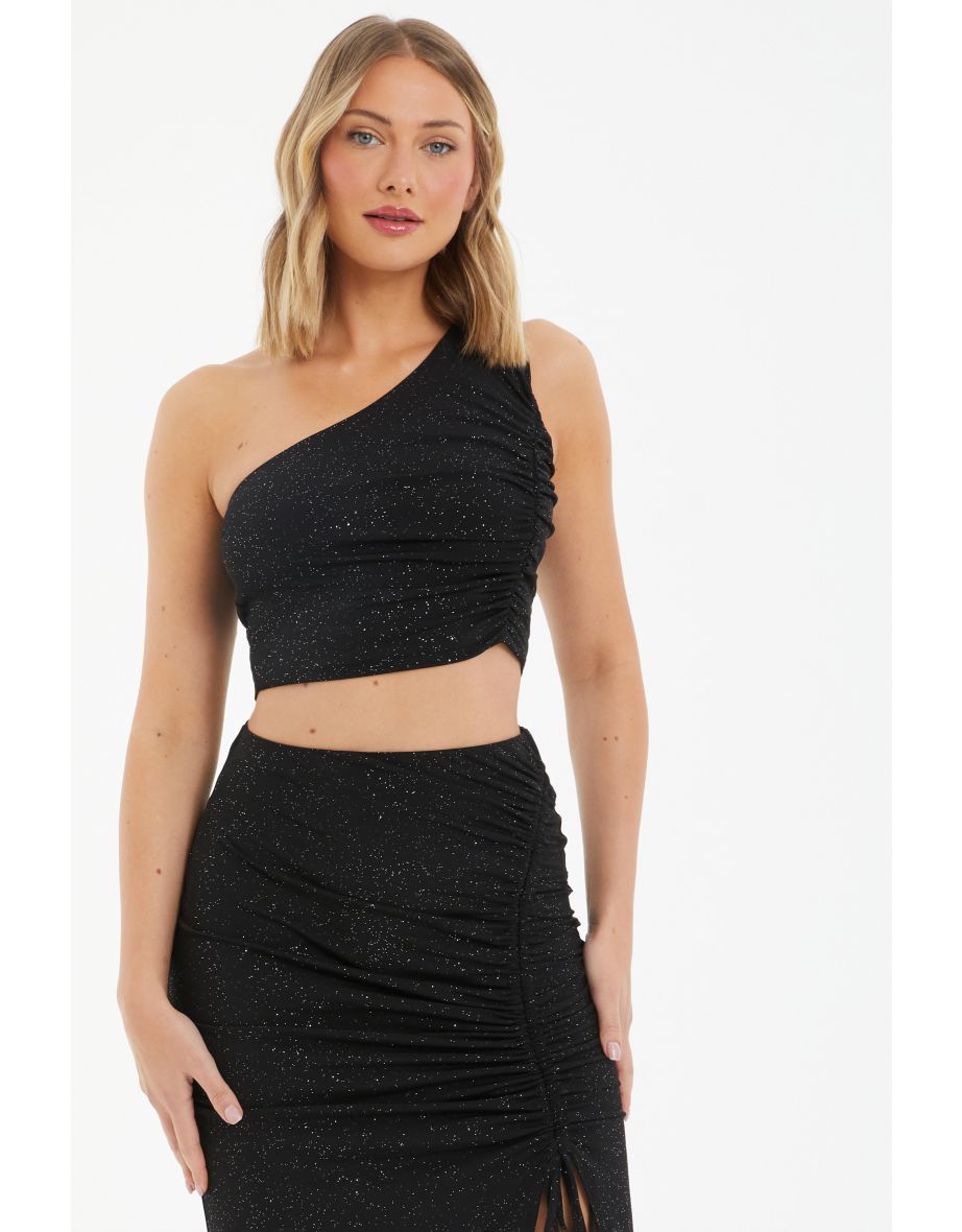 Black Glitter Ruched Crop Top