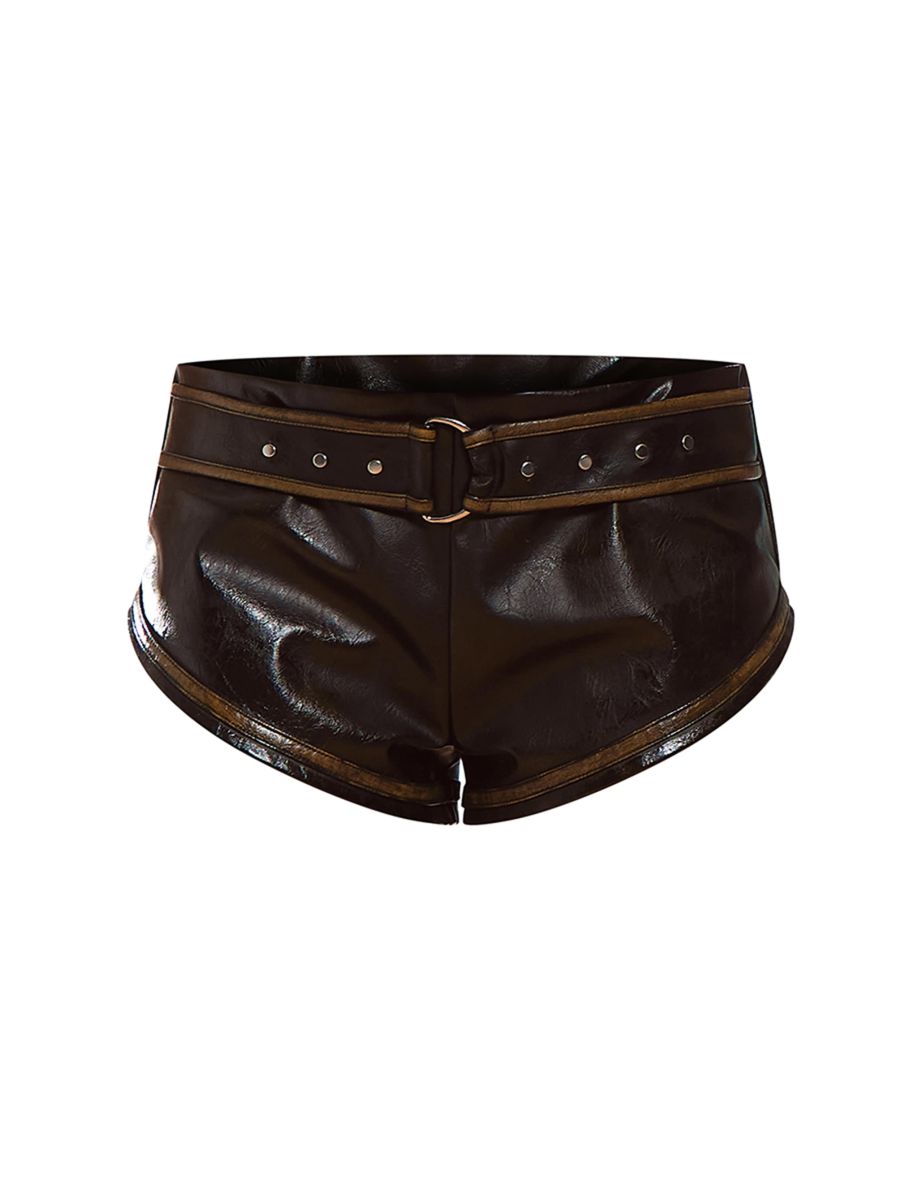 Washed Black Faux Leather Belted Hot Pants - 5