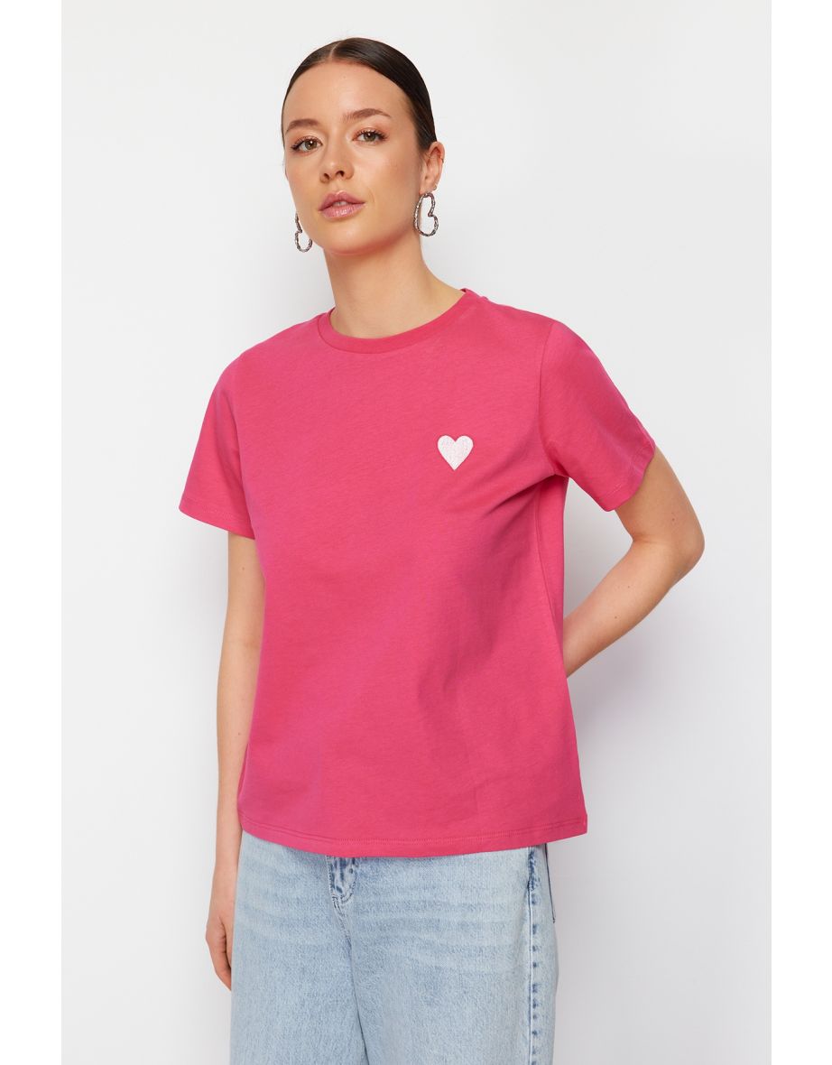 Pink 100 Cotton Leaf/Glossy Heart Embroidery Regular/Regular Fit Knitted T-Shirt