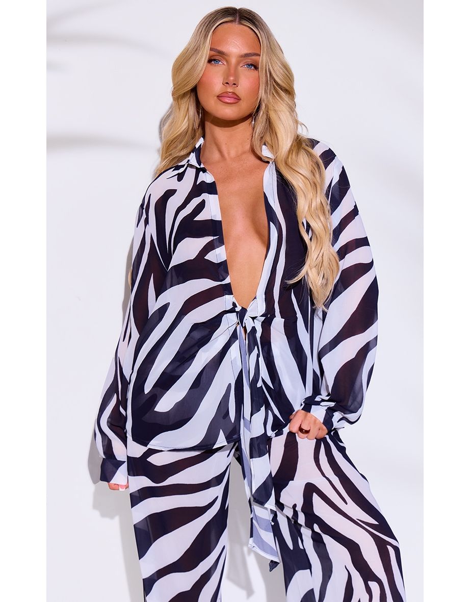 Monochrome Zebra Print Tie Front Oversized Beach Shirt