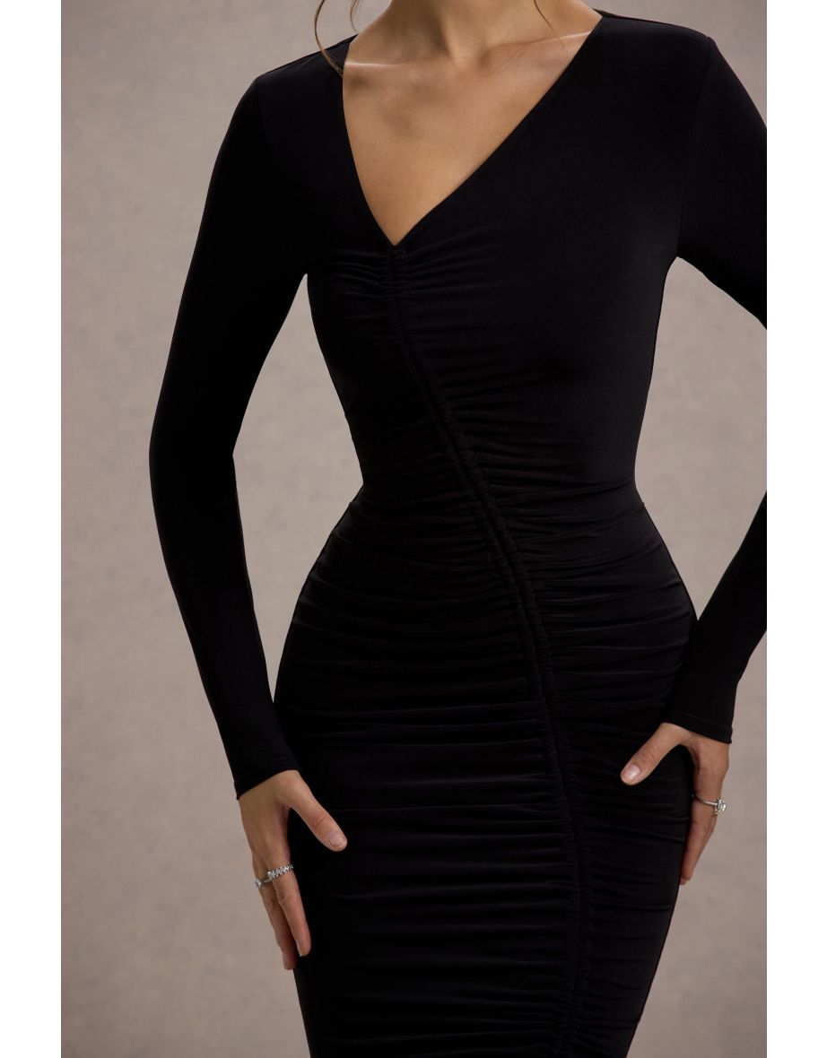 Lilia | Black Ruched Asymmetric Midi Dress - 6