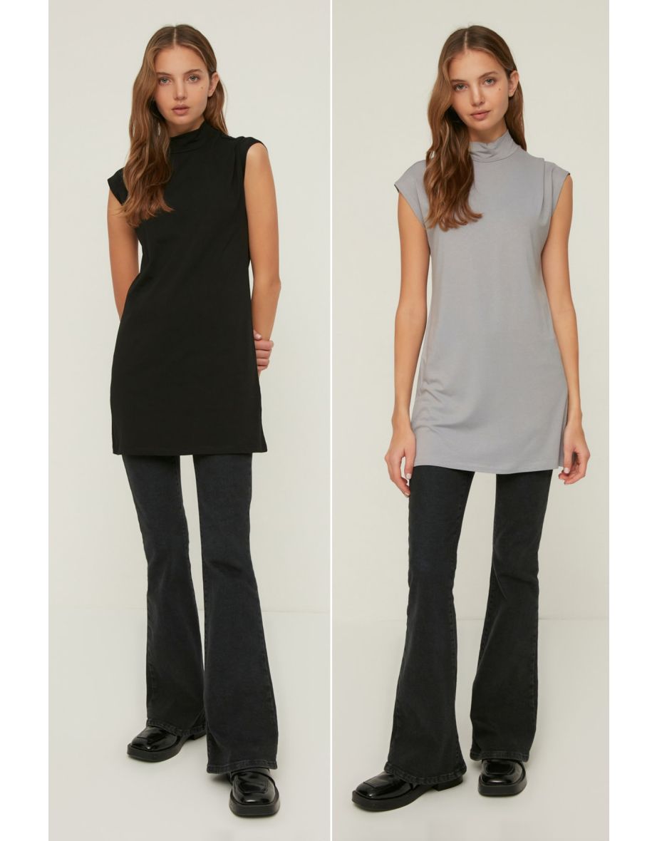Black and Gray Sleeveless Stand Collar Tunic Liner - Pack of 2