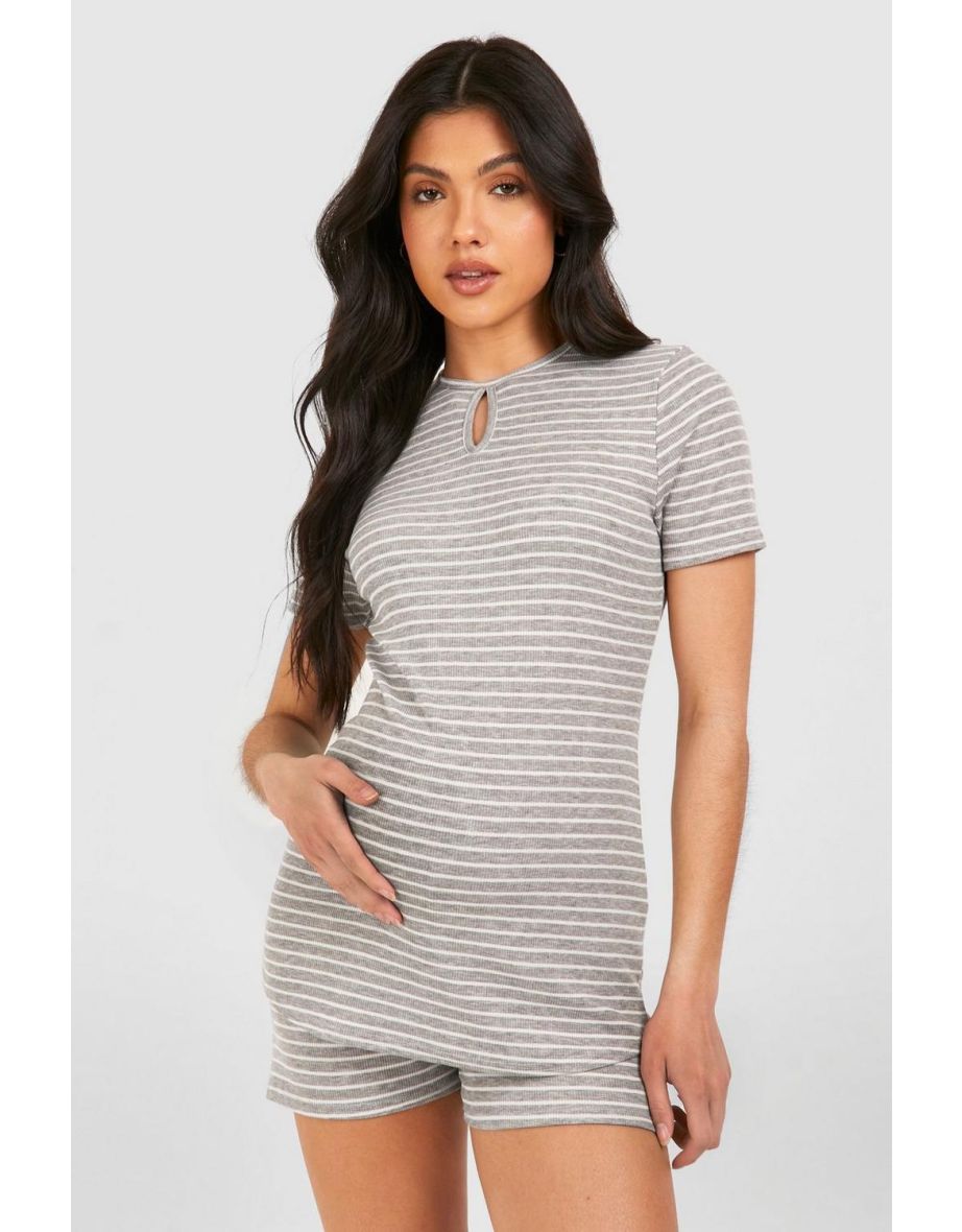 Maternity Striped Ribbed T-shirt And Short Lounge Set - grey