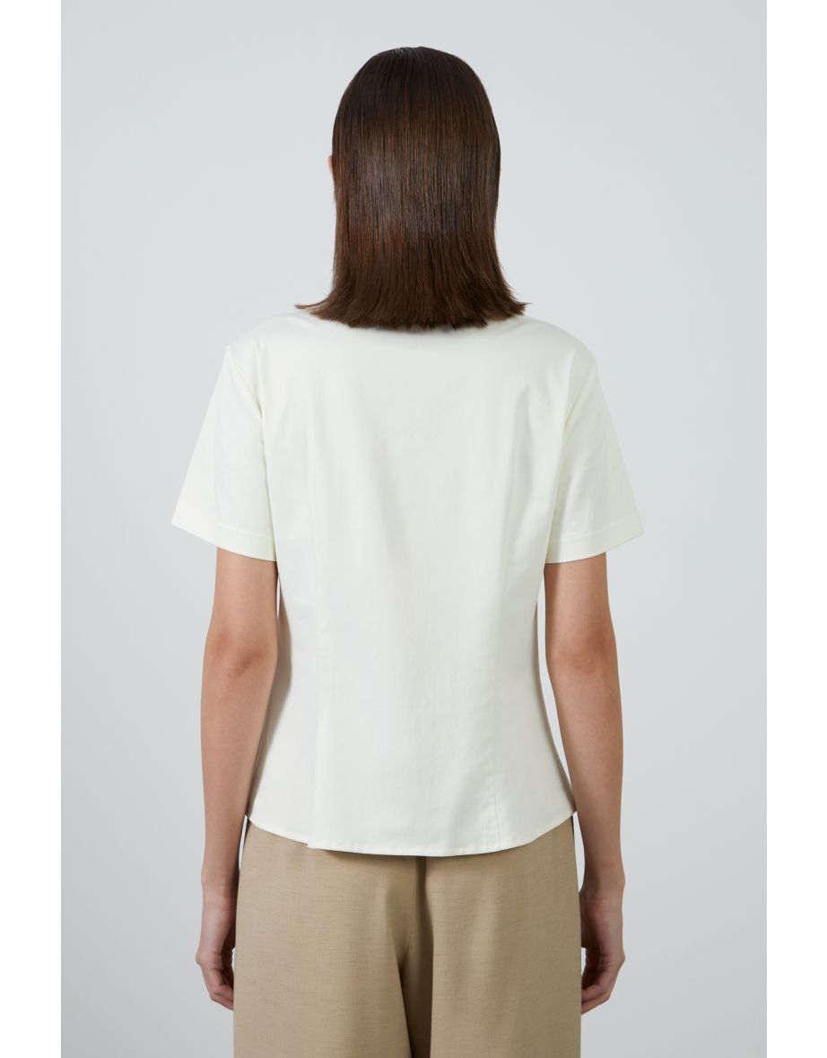Ecru Shirt  With Hidden Buttons And Short Sleeves - 3