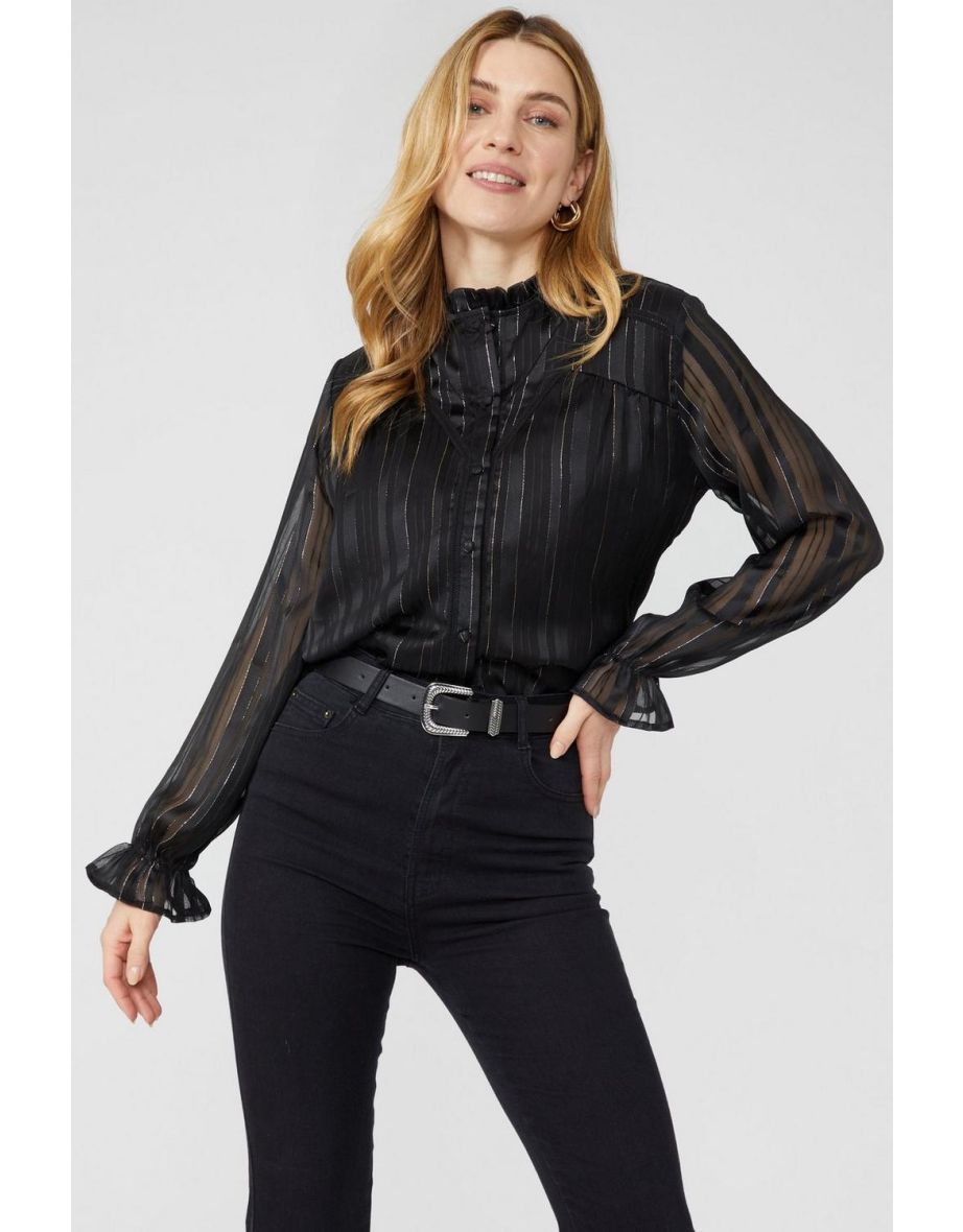 Lace Trim Metallic Frill Neck Button Through Blouse - black
