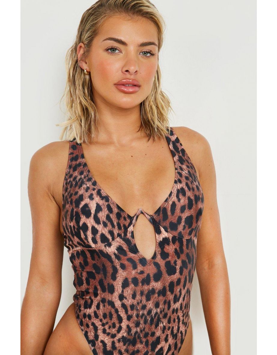 Leopard Underwired Cut Out Swimsuit - brown - 2