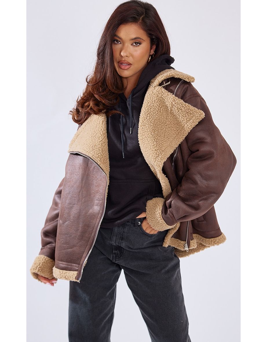 Brown Borg Lined Oversized Buckle Collar Aviator Jacket - 5