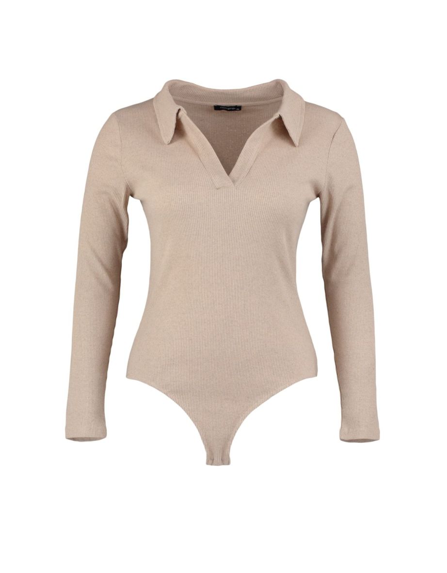 Beige Fitted Ribbed Shirt Collar Snap Snap Knitted Bodysuit - 7