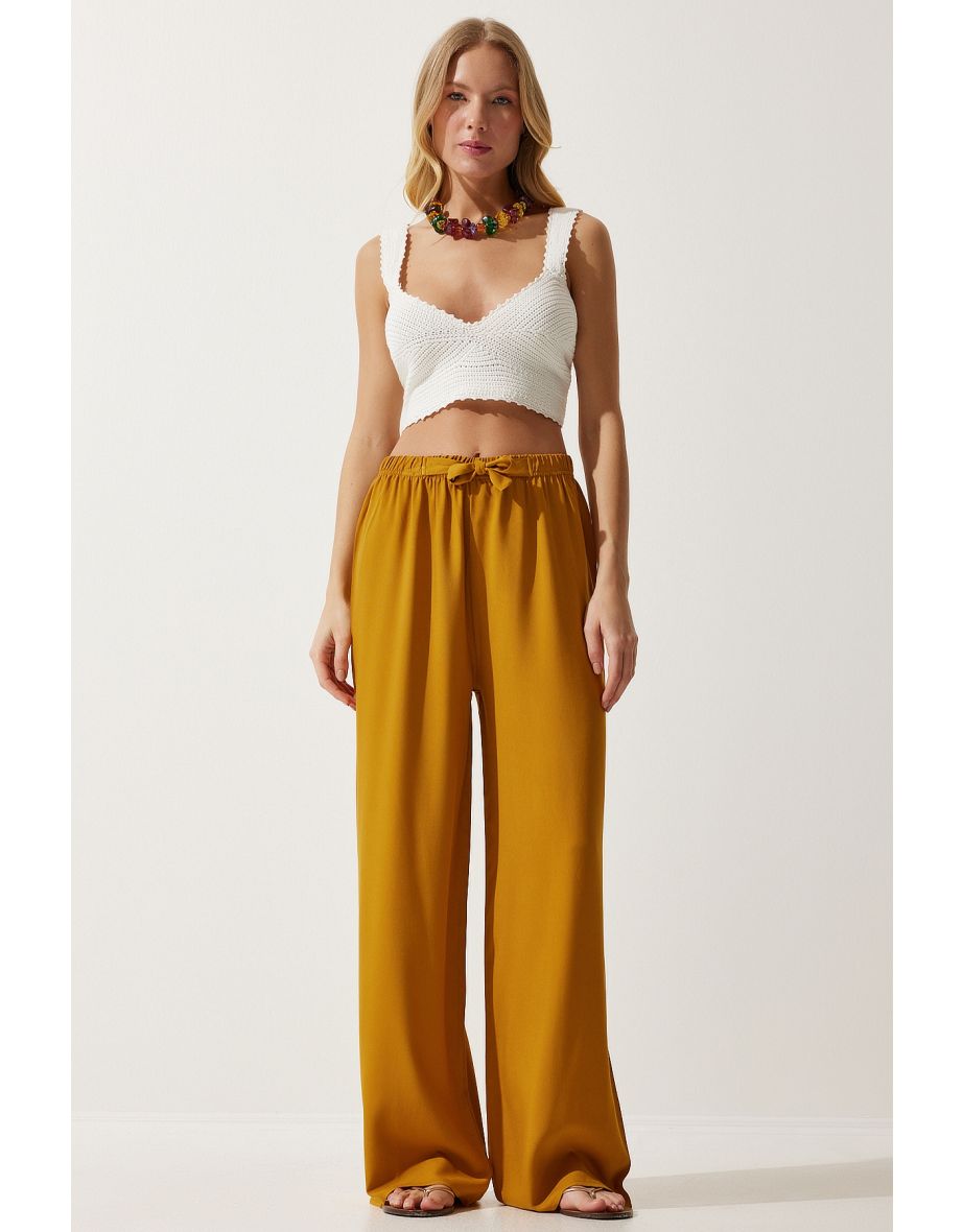 Women's Mustard Flowy Knitted Palazzo Trousers