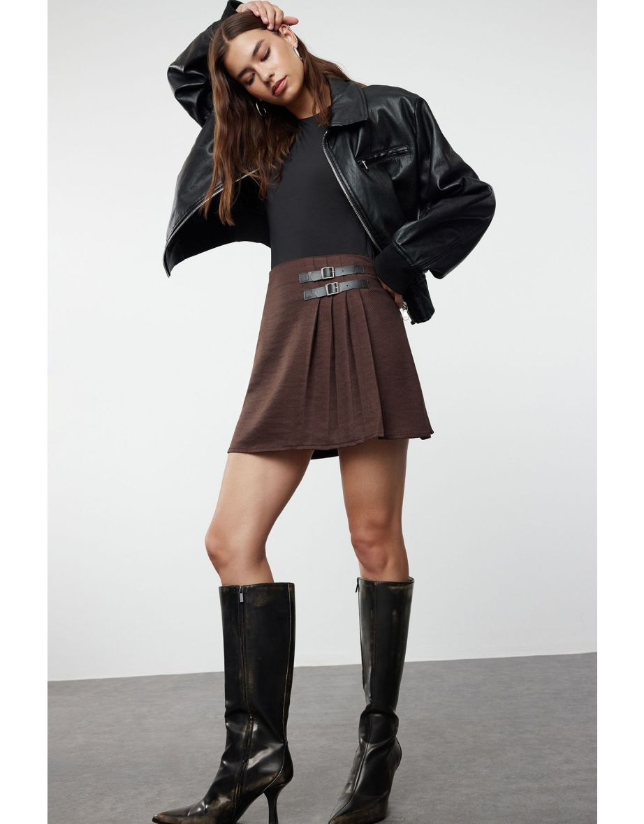 Dark Brown Buckle Detailed Pleated Mini Woven Skirt