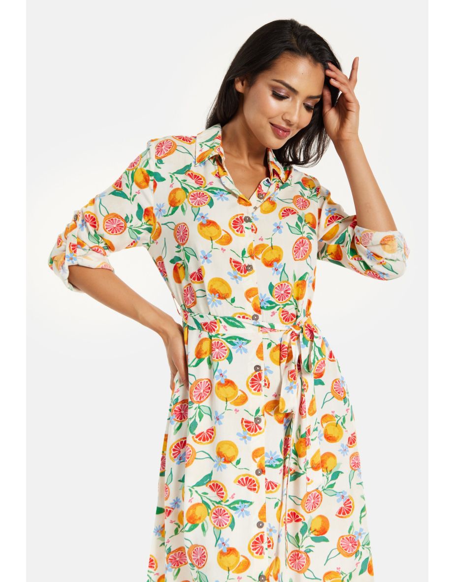 Women’s Midi Dress, Fruit Print, Button-Through Design, Elegant Tie Waist, Roll-Up Sleeves, Lightweight Viscose - 8