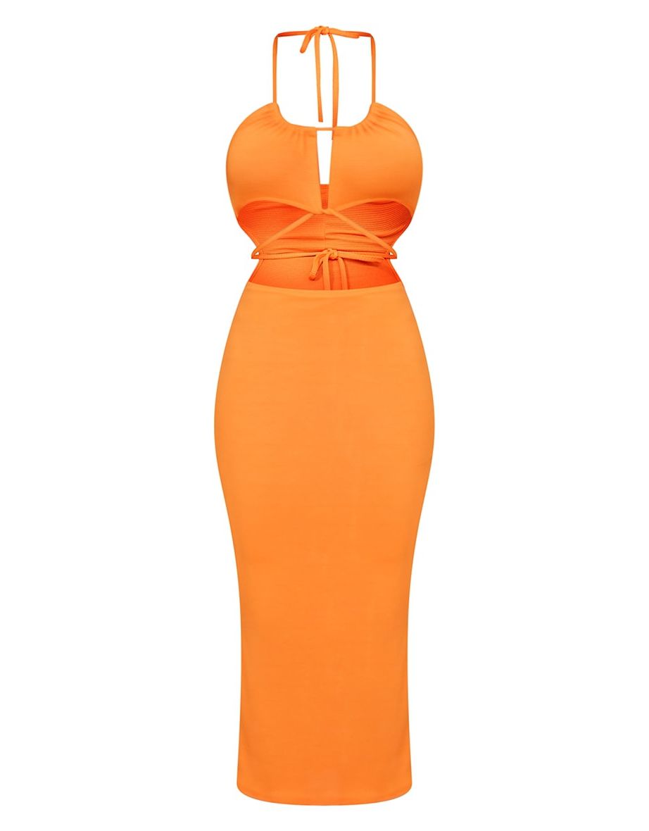 Recycled Bright Orange Thick Rib Waist Tie Halterneck Midaxi Dress - 4