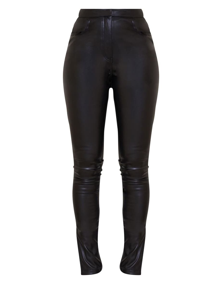 Black Faux Leather Split Hem Straight Leg Trousers - 4