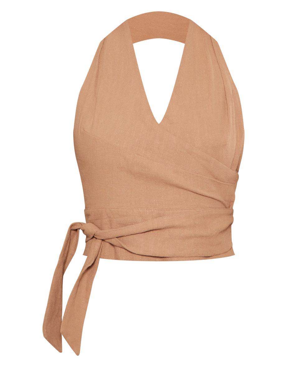 Khaki Structured Linen Look Pleated Halter Crop Top - 3