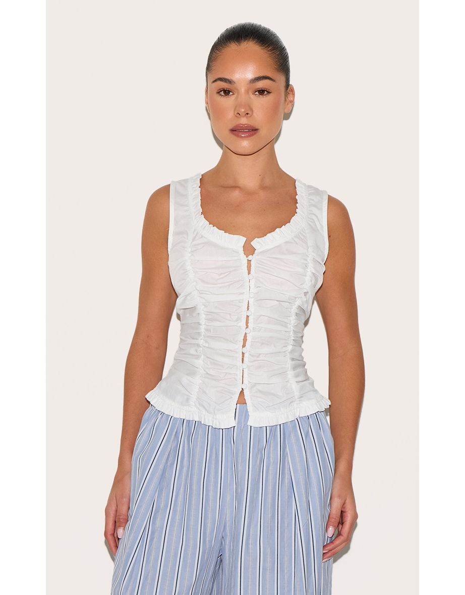 White Cotton Ruched Front Fitted Top