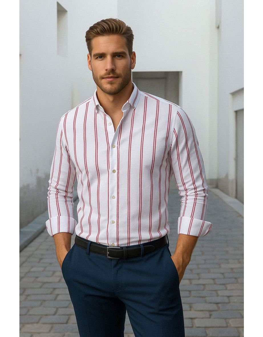 Claret Red*001 Slim Fit Button-down Collar Thin Striped Shirt