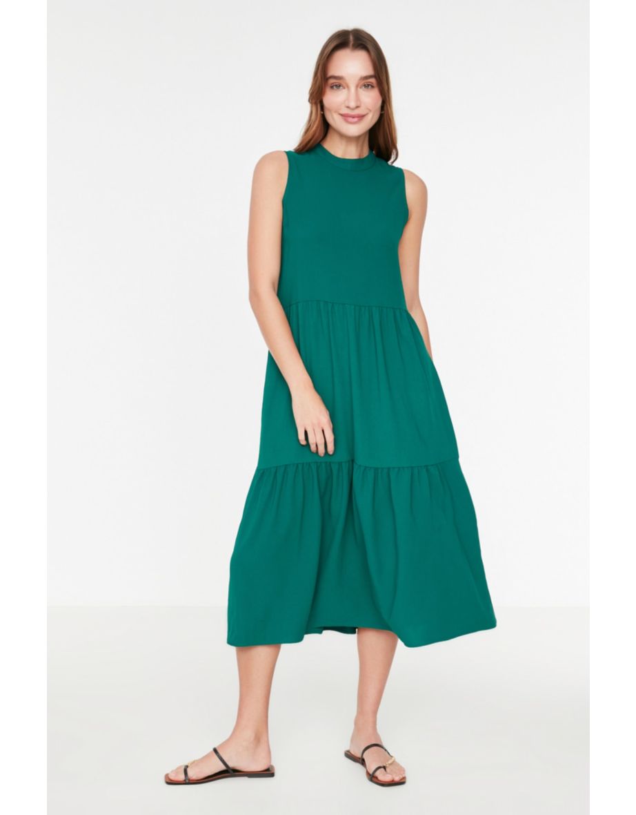 Green A-Line Midi Smock Dress