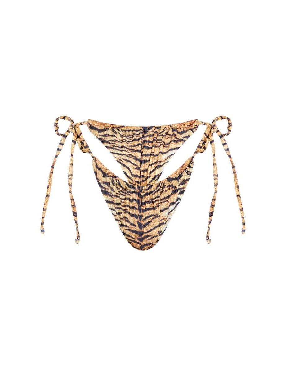 Brown Tiger Adjustable String Tie Bikini Bottoms