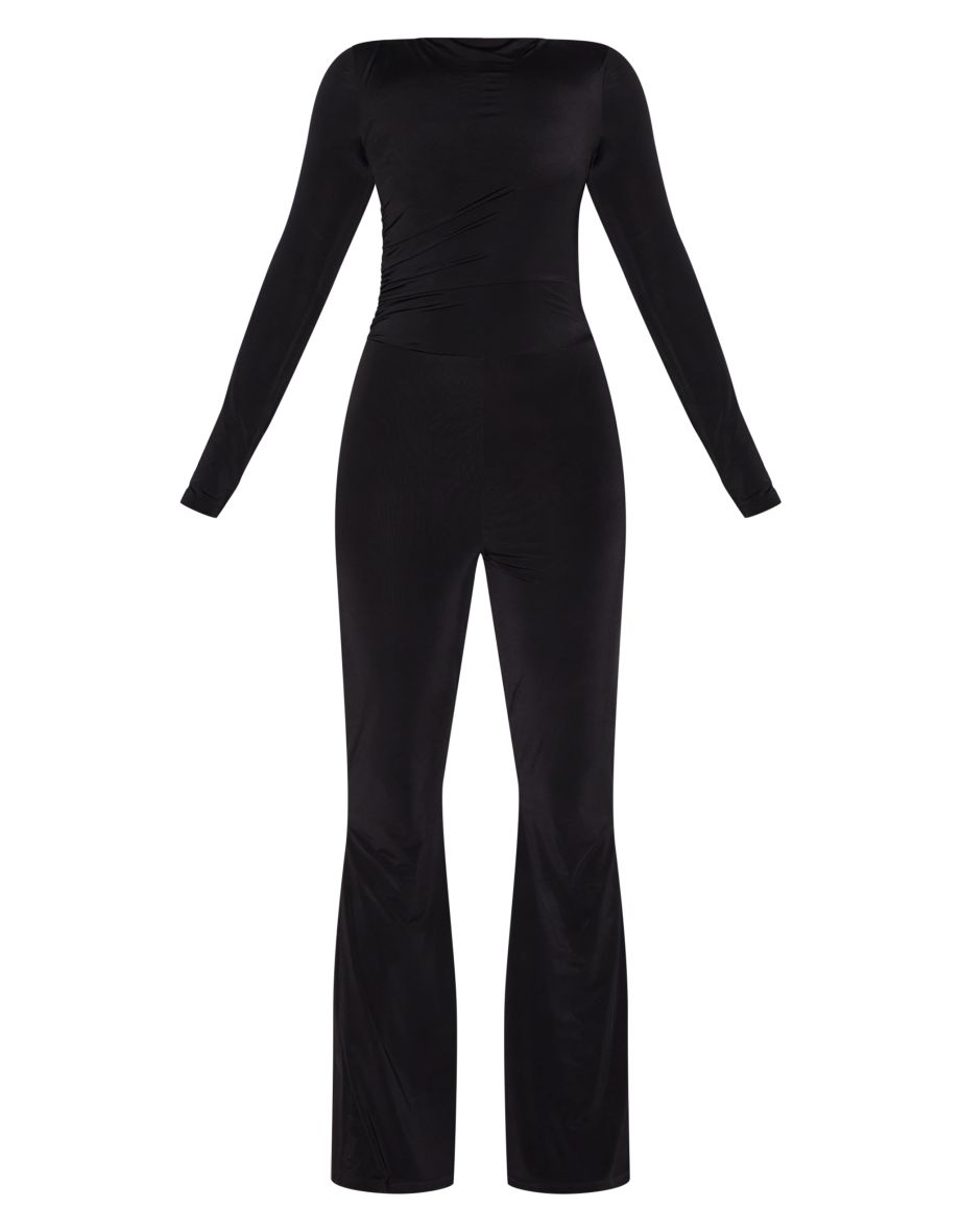 Black Double Layer Slinky Gathered Long Sleeve Wide Leg Jumpsuit - 4