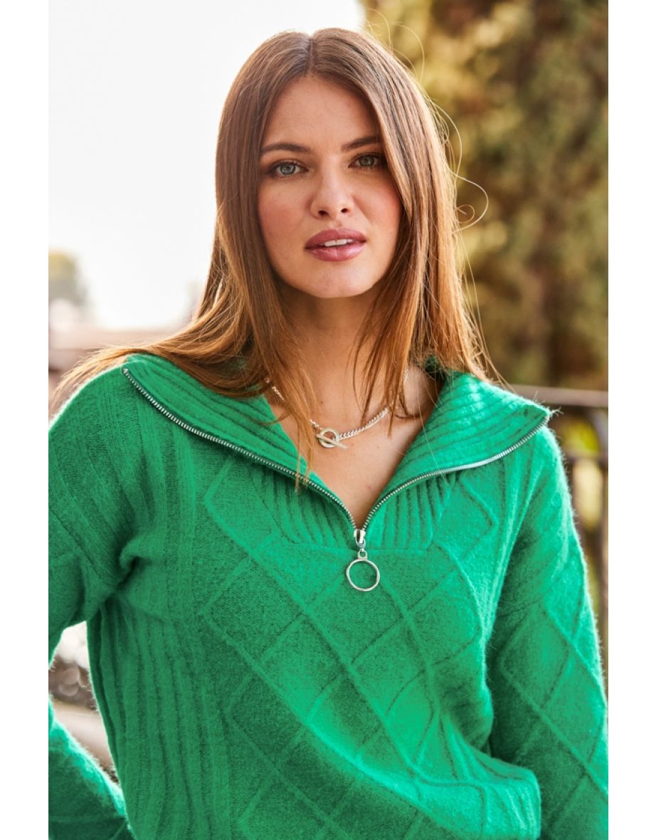 Jade Green Half Zip Cable Knit Jumper - 4