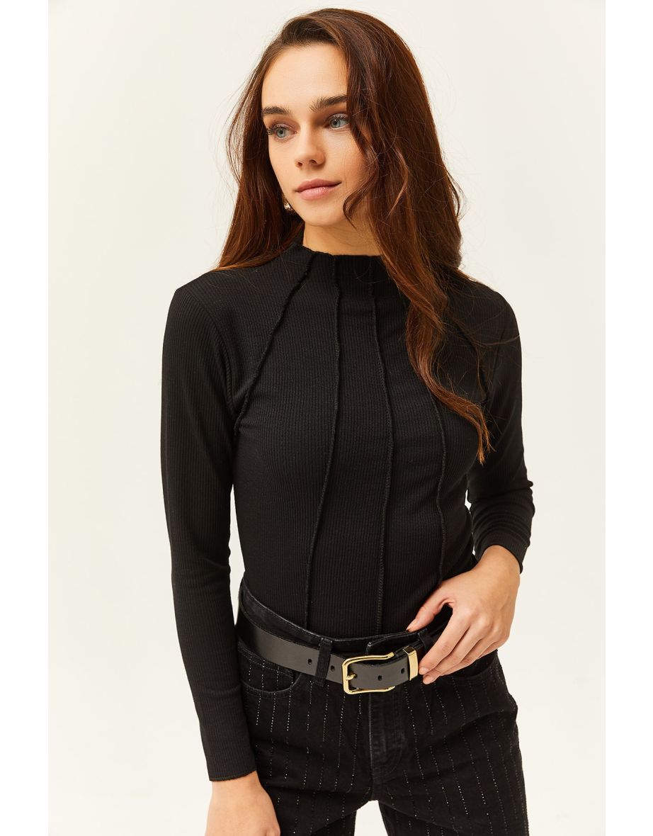Women's Black Pieced High Neck Lycra Crop Blouse