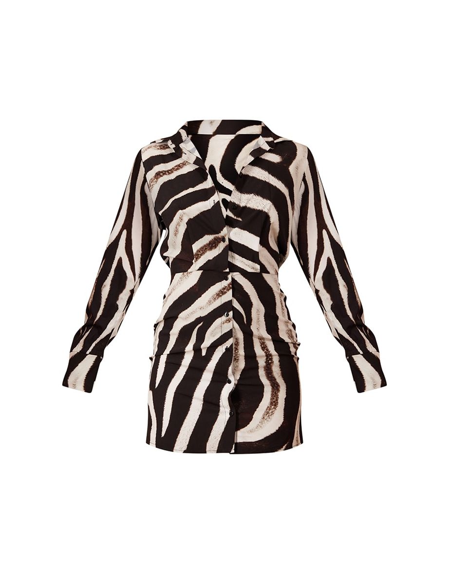 Monochrome Zebra Print Long Sleeve Shirt Dress - 4