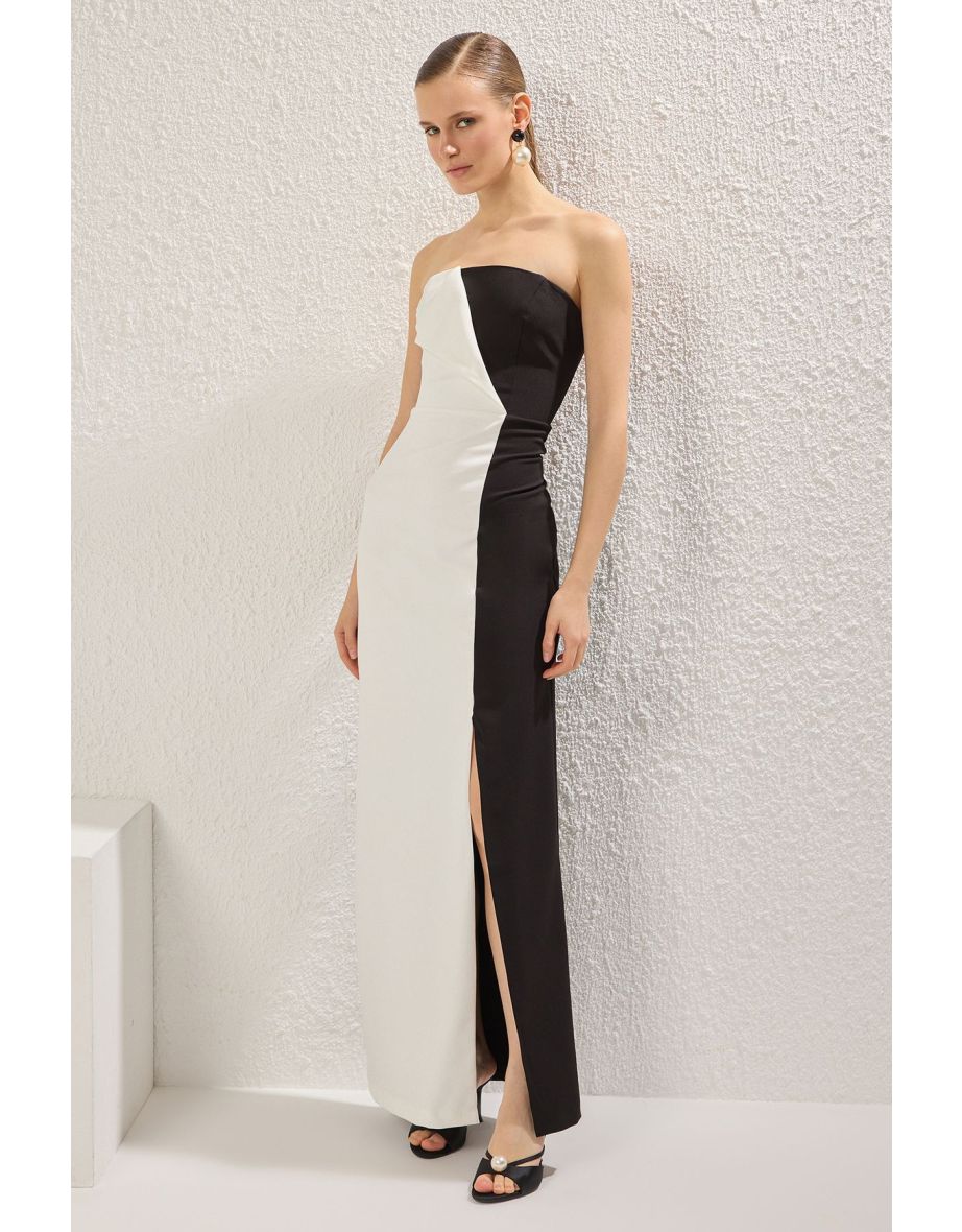 Black-White Strapless Woven Long Elegant Evening & Graduation Dress