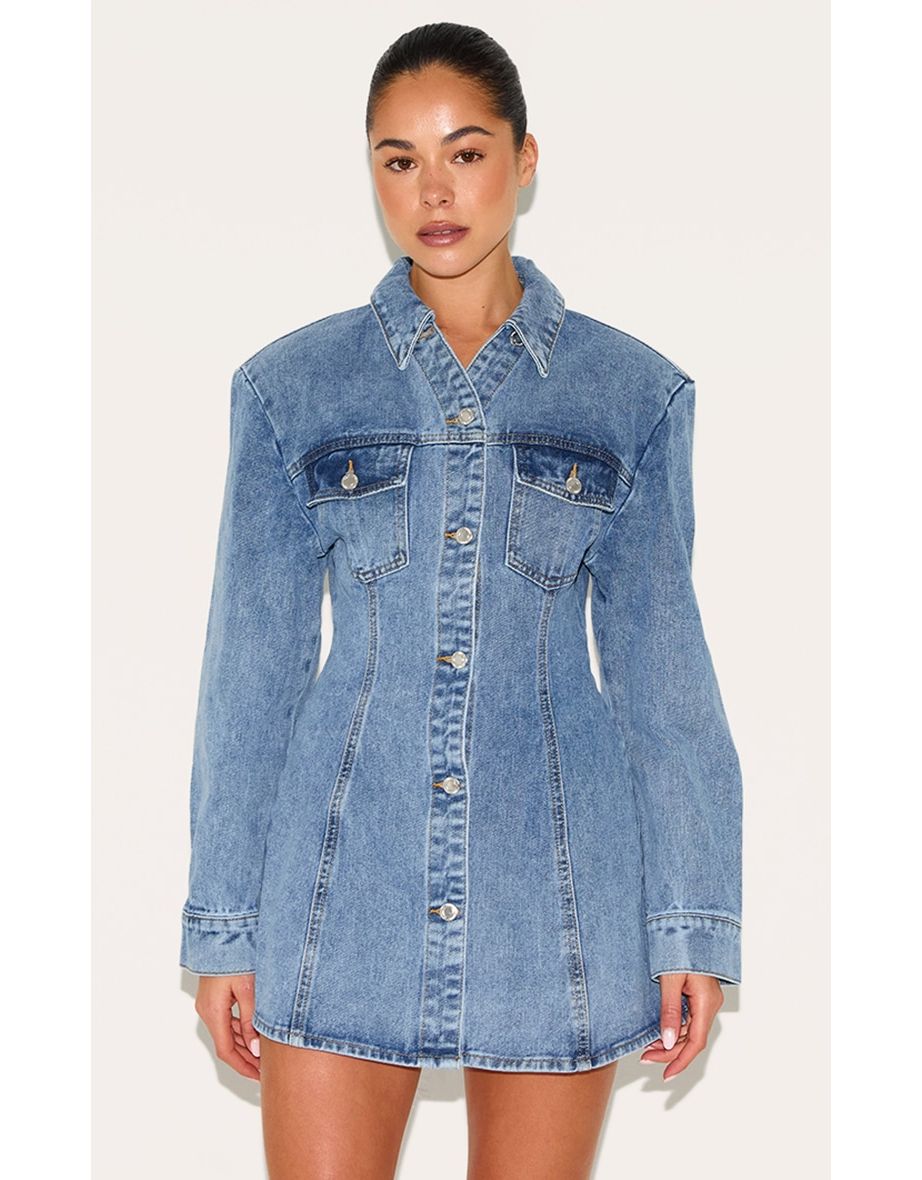 Mid Blue Wash Cinched Waist Denim Shirt Dress