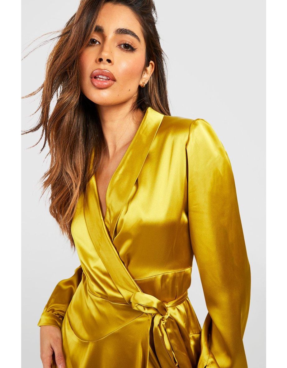 Satin Wrap Belted Maxi Dress - chartreuse - 3