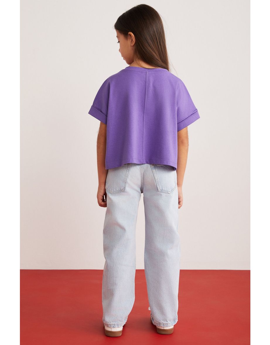 Verena Girls' 100% Cotton Double Sleeve Ornamental Label Purple T-shirt - 4