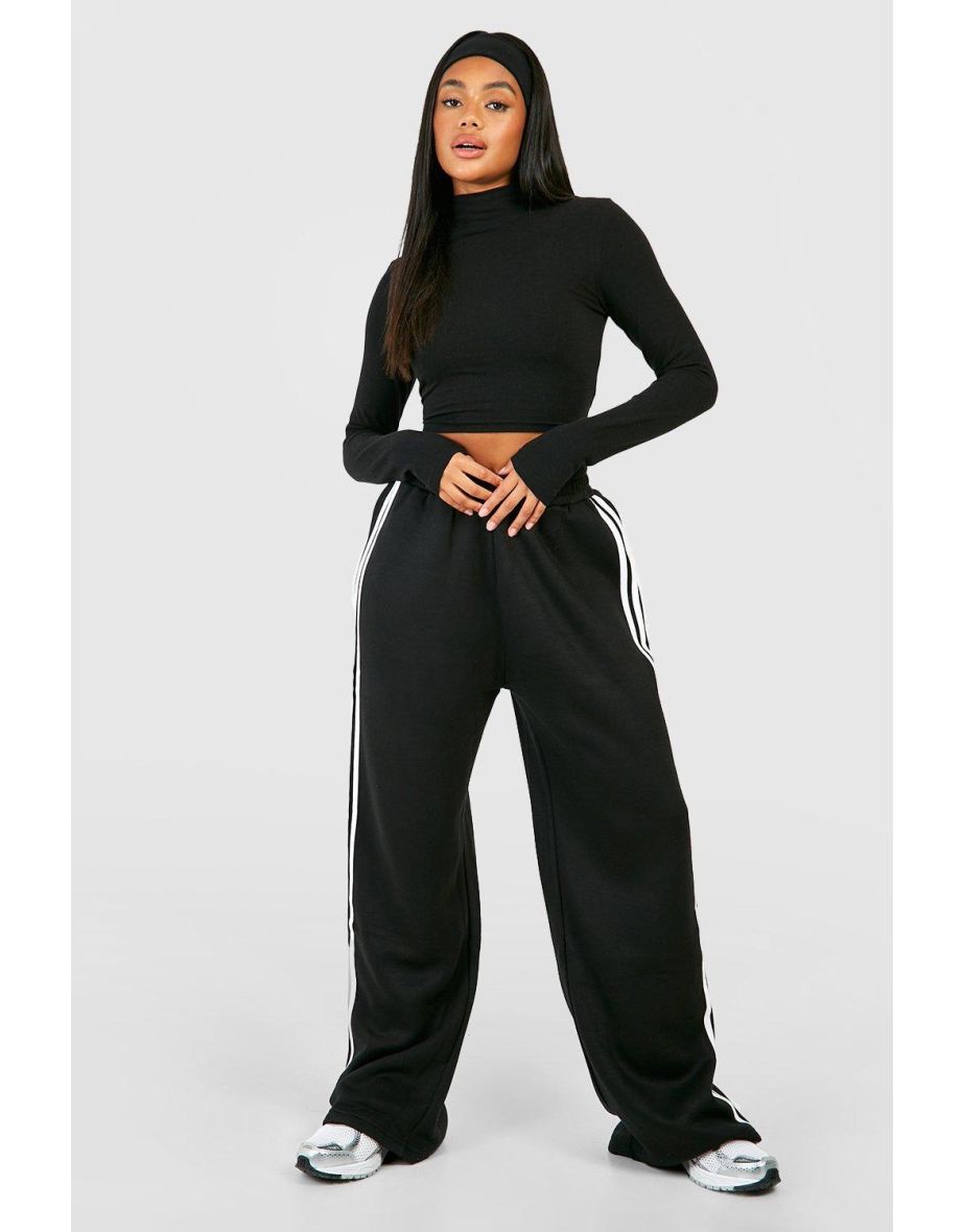 Long Sleeve Crop Top And Wide Leg Jogger Set - black