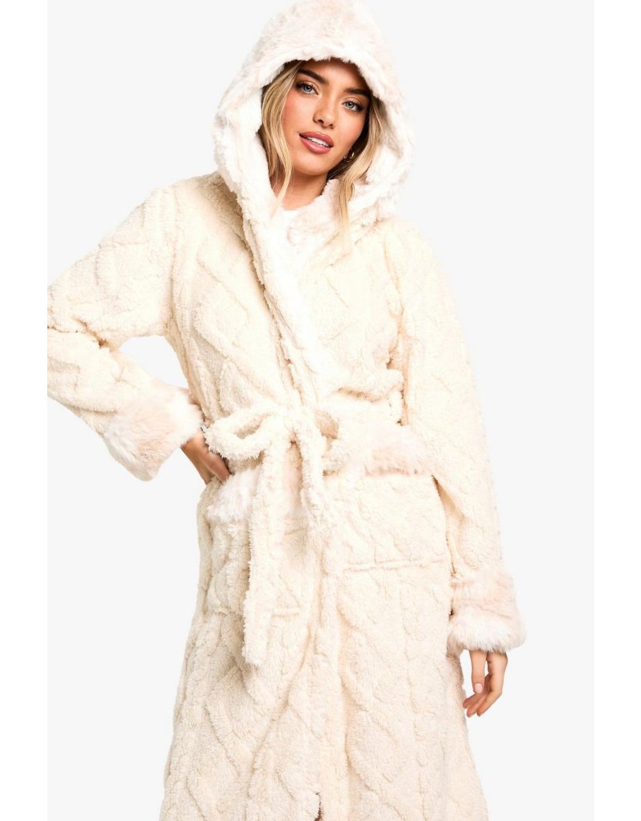 Cable Sherpa With Faux Fur Trim Hooded Robe - 3