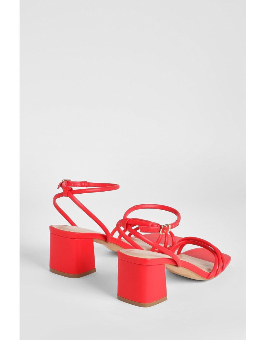 Square Toe Triple Strap Low Block Heel Sandals - red - 3