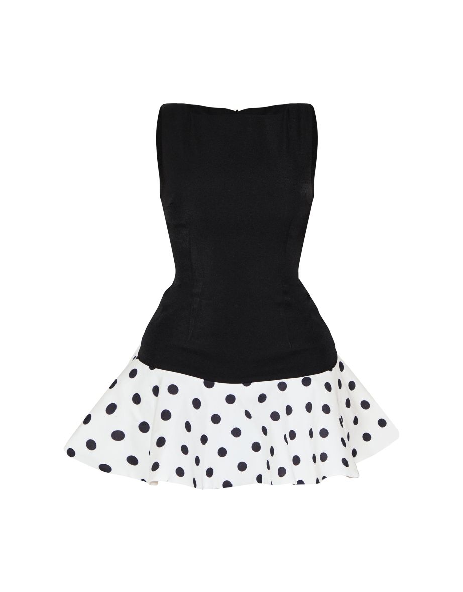 Shape Black Polkadot Boat Neck Wave Hem Mini Dress - 4