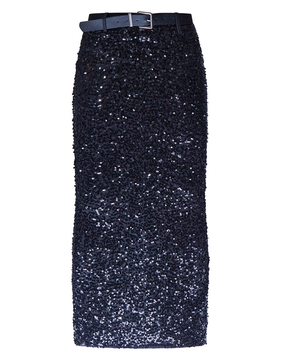 Black Embellished Sequin Belt Detail Low Rise Maxi Skirt - 1