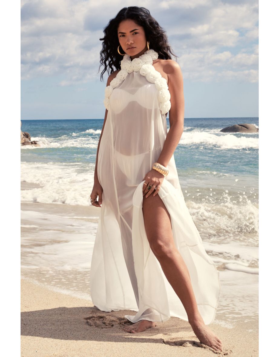 Naelya | White Chiffon Halter-Neck Maxi Dress With Corsages