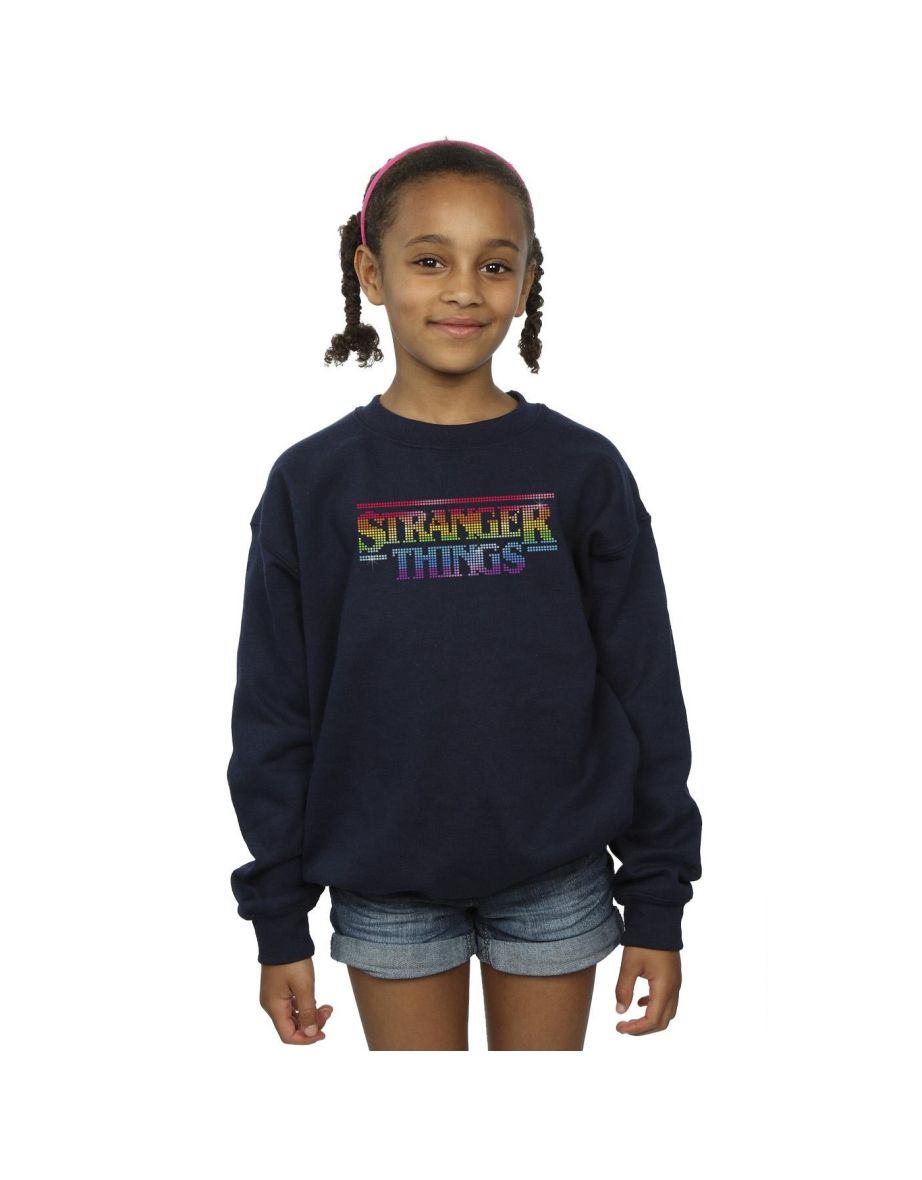 Netflix Girls Stranger Things Rainbow Dot Logo Sweatshirt - Navy Blue