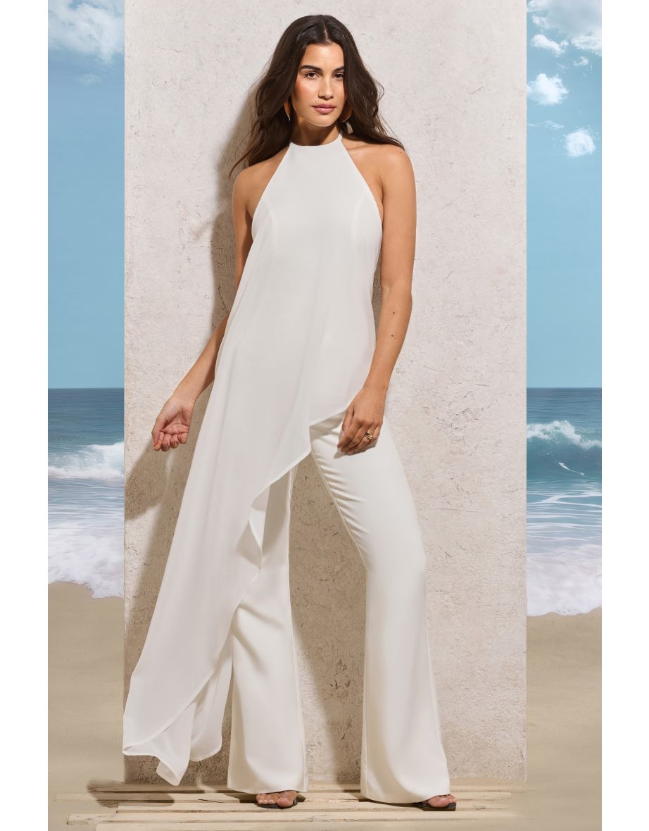 Catania | White Flared-Leg Jumpsuit With Chiffon Cape