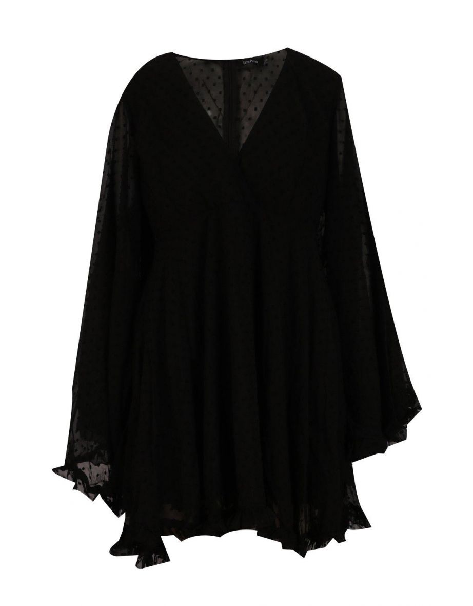 Plus Dobby Chiffon Wide Sleeve Skater Dress - black - 1