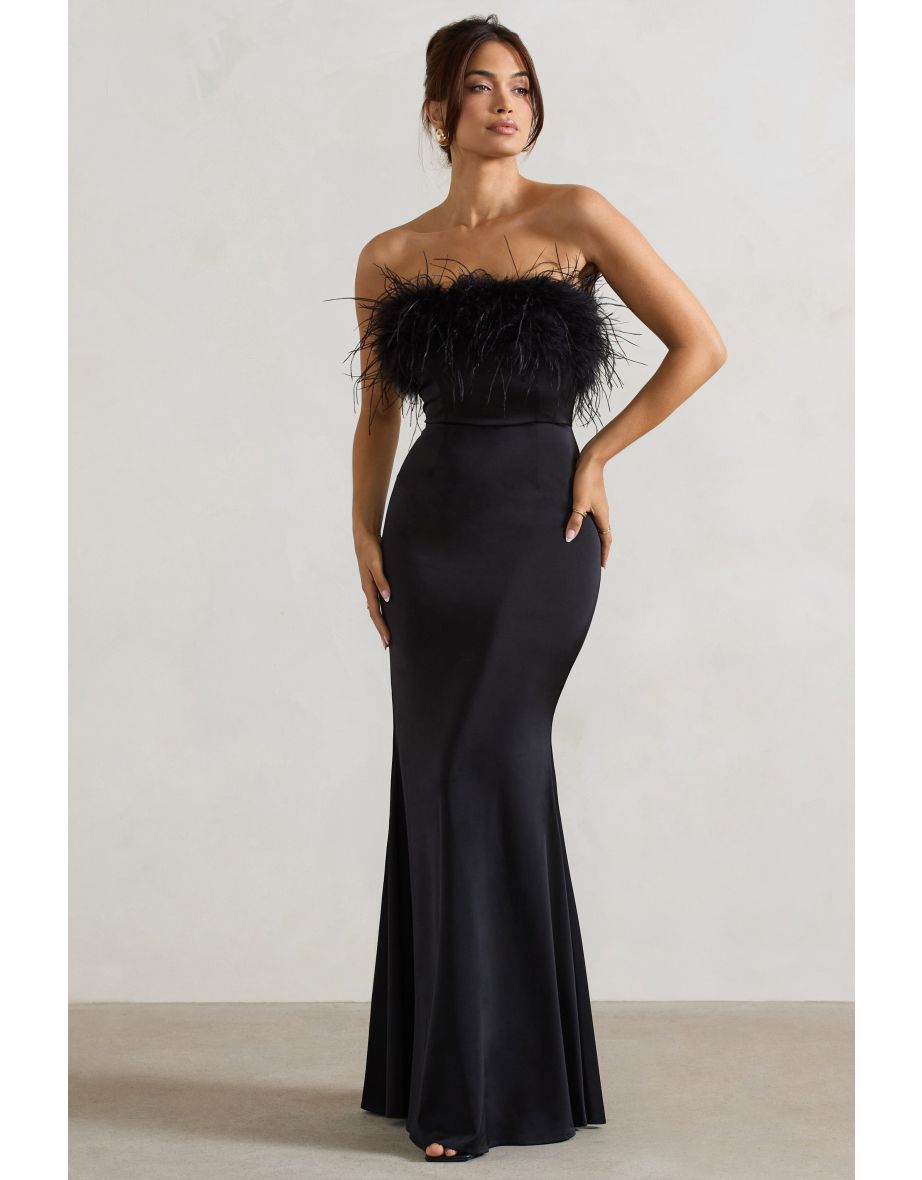 Dress For It | Black Satin Feather Trim Maxi Dress